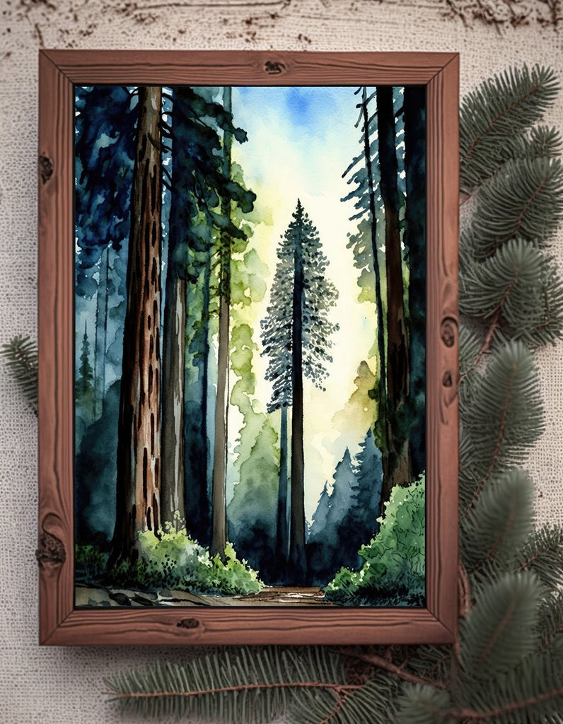 Redwood Tree Forest California Print Sequoia National Park Wall Art Landscape Watercolor Painting Gift Rustic Woodland Home Decor