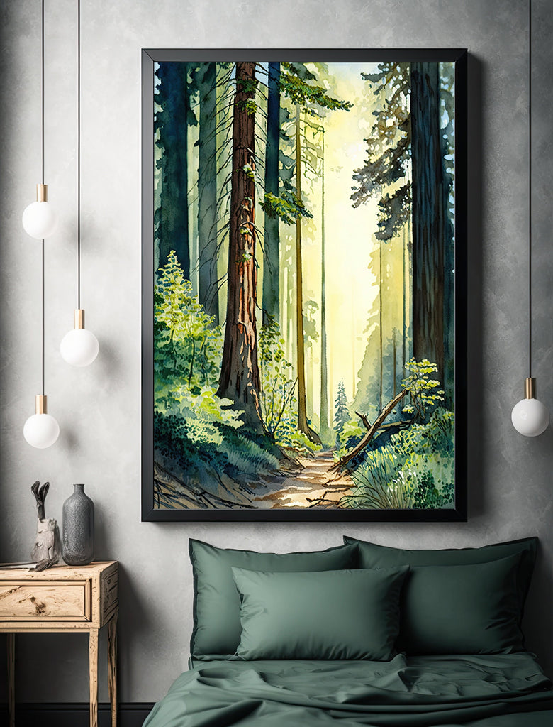 Redwood Tree Forest California Print Sequoia National Park Wall Art Landscape Watercolor Painting Gift Rustic Woodland Home Decor