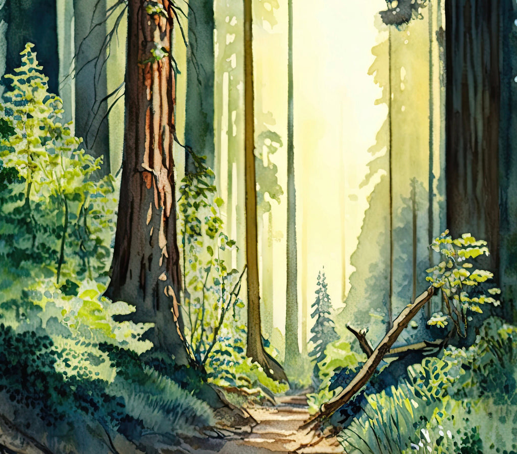 Redwood Tree Forest California Print Sequoia National Park Wall Art Landscape Watercolor Painting Gift Rustic Woodland Home Decor