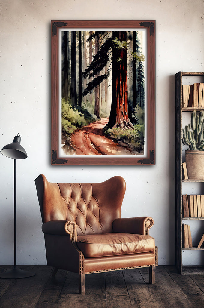 Redwood Tree Forest California Print Sequoia National Park Wall Art Landscape Watercolor Painting Gift Rustic Woodland Home Decor