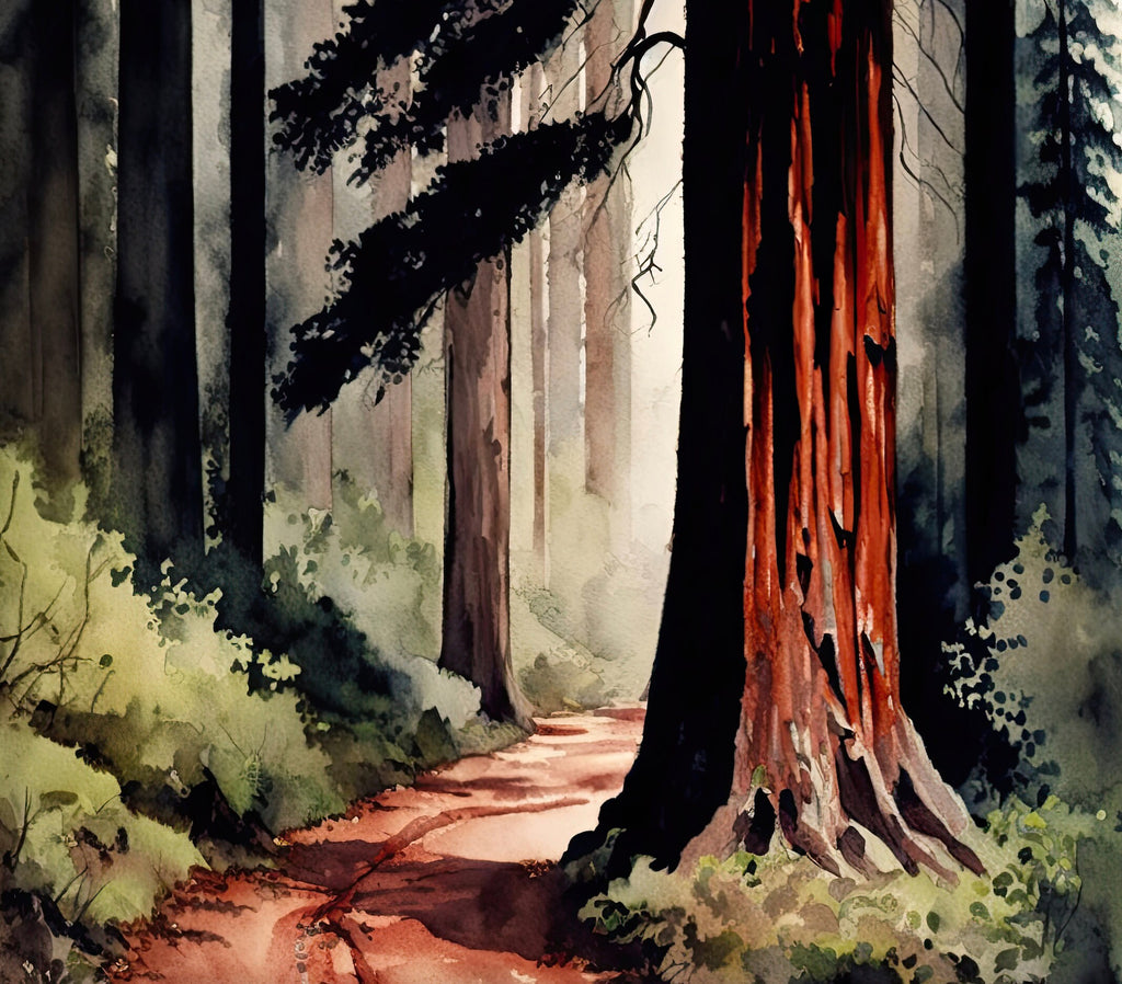 Redwood Tree Forest California Print Sequoia National Park Wall Art Landscape Watercolor Painting Gift Rustic Woodland Home Decor