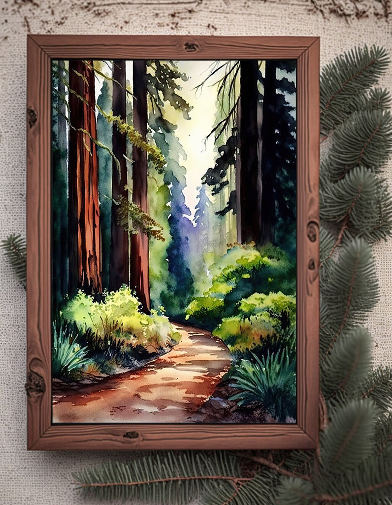 Redwood Tree Forest California Print Sequoia National Park Wall Art Landscape Watercolor Painting Gift Rustic Woodland Home Decor