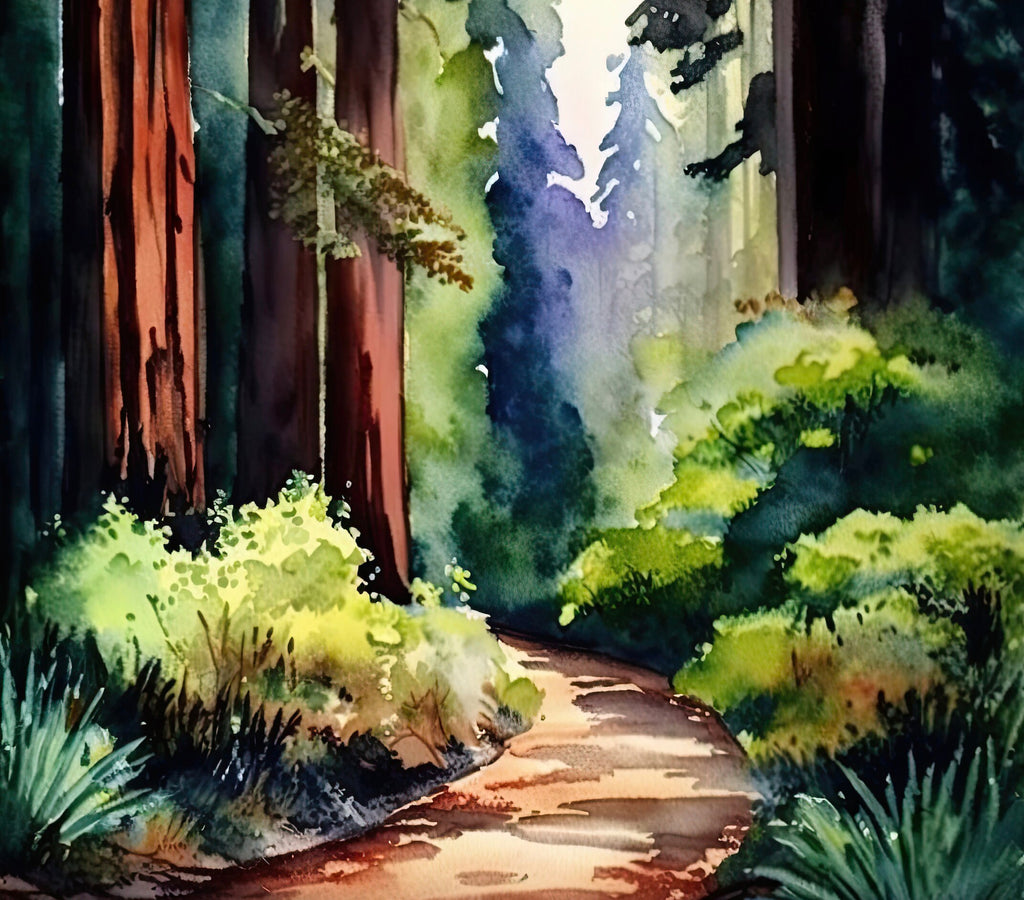 Redwood Tree Forest California Print Sequoia National Park Wall Art Landscape Watercolor Painting Gift Rustic Woodland Home Decor