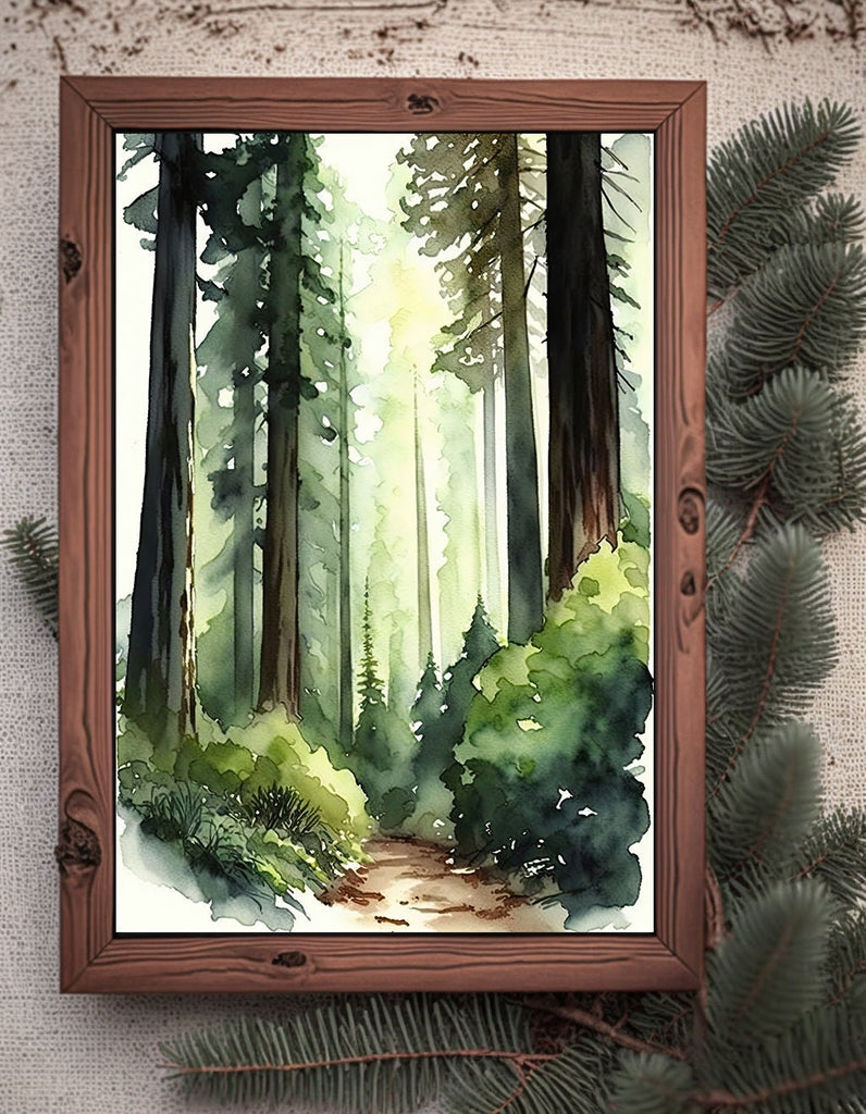 Redwood Tree Forest California Print Sequoia National Park Wall Art Landscape Watercolor Painting Gift Rustic Woodland Home Decor