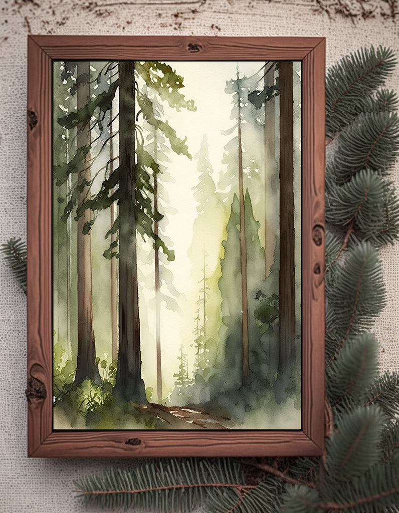 Redwood Tree Forest California Print Sequoia National Park Wall Art Landscape Watercolor Painting Gift Rustic Woodland Home Decor