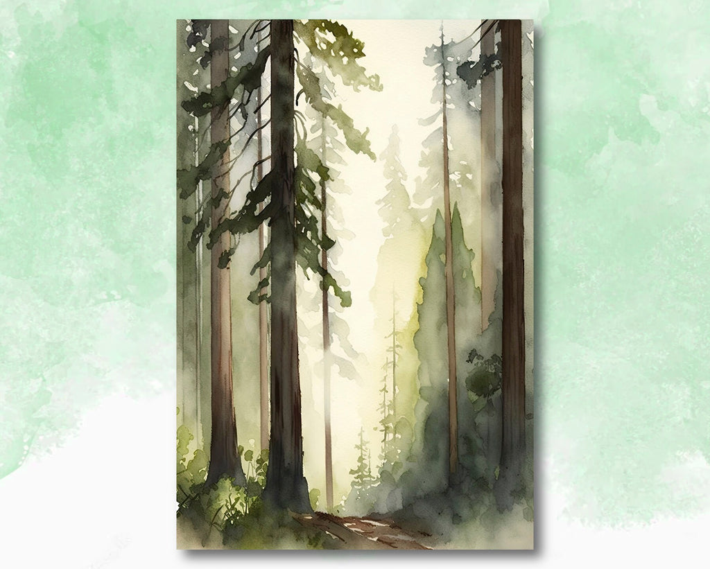 Redwood Tree Forest California Print Sequoia National Park Wall Art Landscape Watercolor Painting Gift Rustic Woodland Home Decor