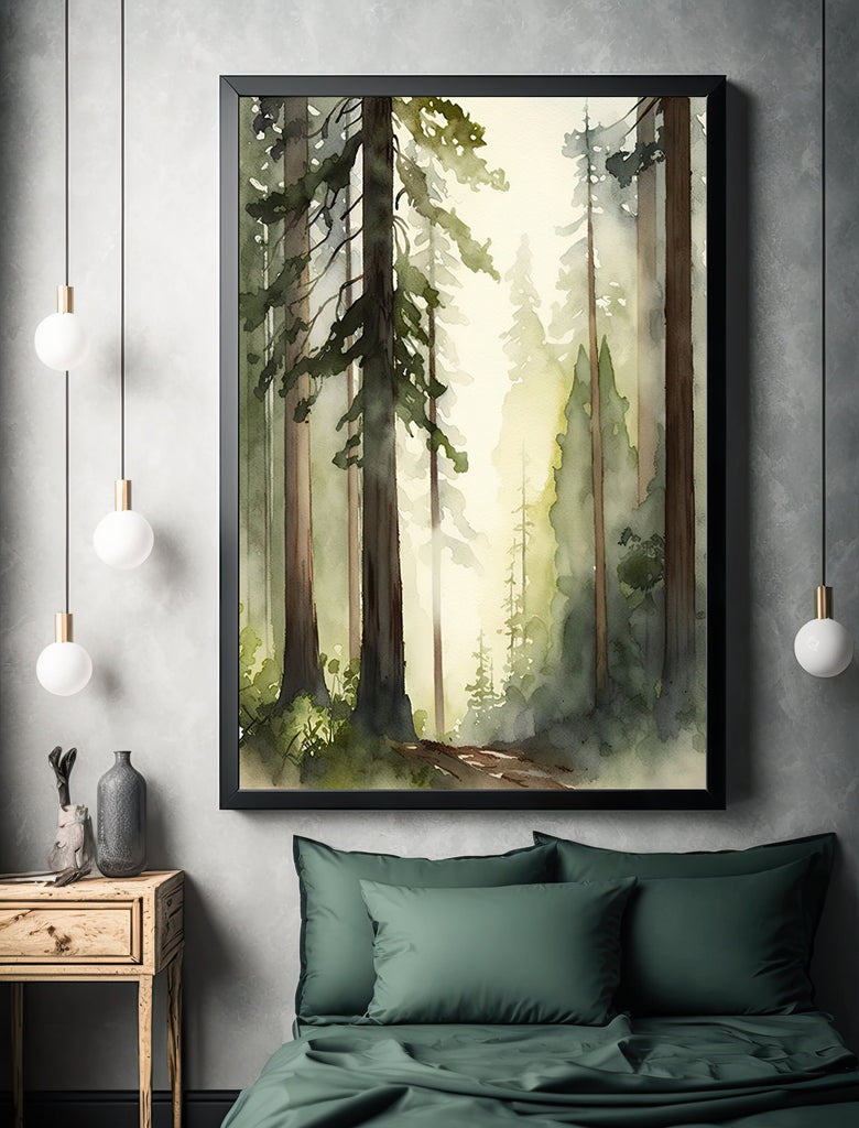 Redwood Tree Forest California Print Sequoia National Park Wall Art Landscape Watercolor Painting Gift Rustic Woodland Home Decor