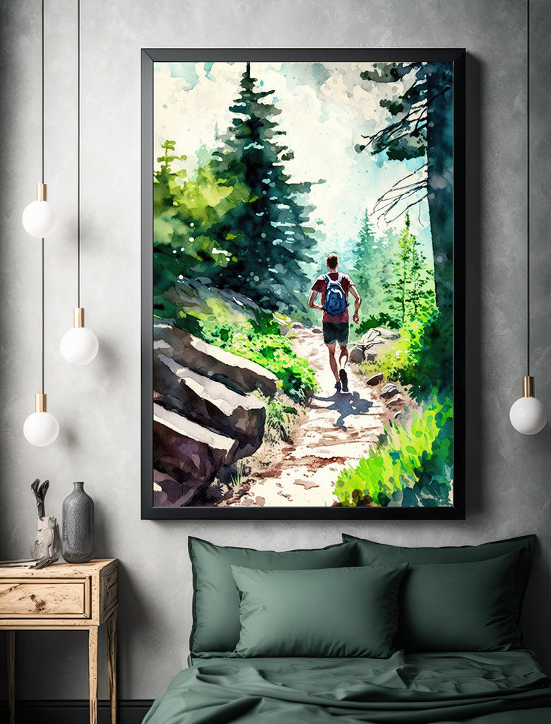 Hiking Forest Mountain Sunset Wall Art Watercolor Nature Inspired Backpacking Adventure Print Outdoorsy Gifts Wanderlust Decor