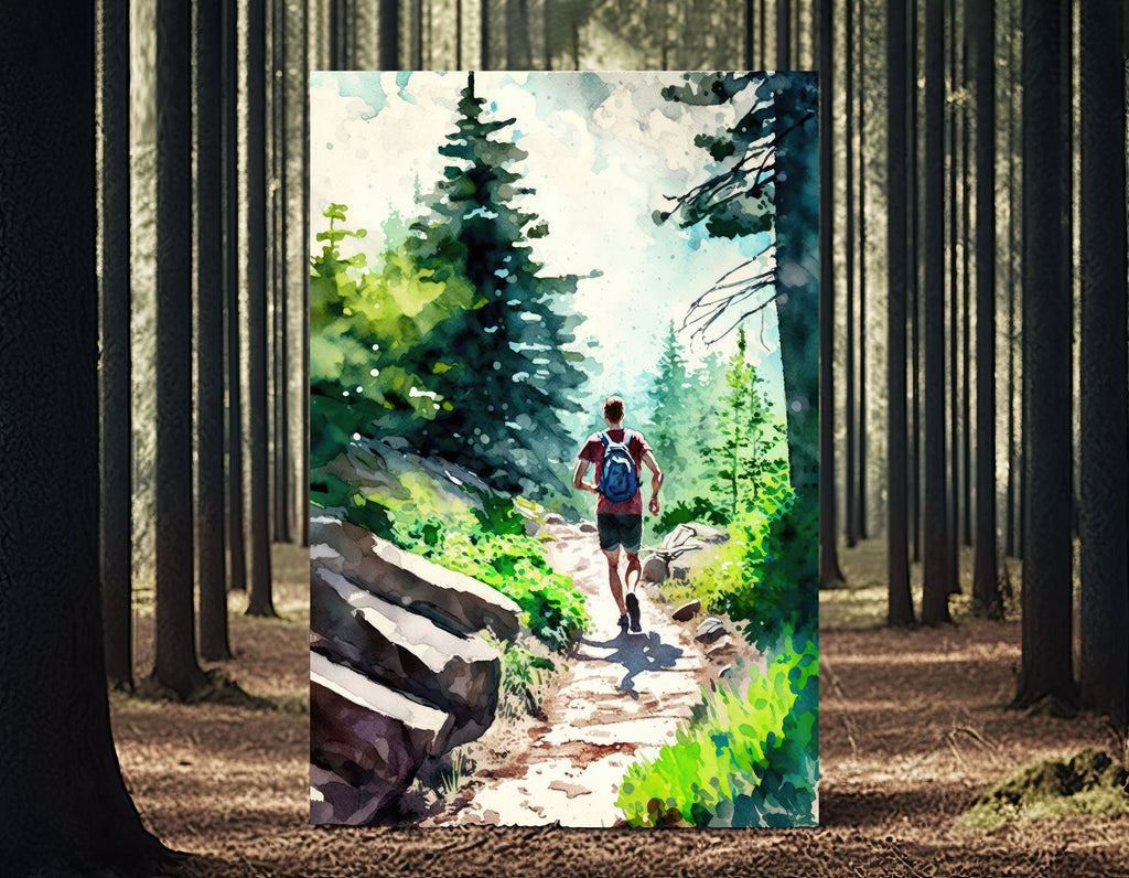 Hiking Forest Mountain Sunset Wall Art Watercolor Nature Inspired Backpacking Adventure Print Outdoorsy Gifts Wanderlust Decor