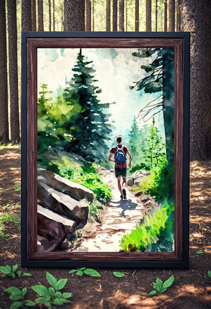 Hiking Forest Mountain Sunset Wall Art Watercolor Nature Inspired Backpacking Adventure Print Outdoorsy Gifts Wanderlust Decor