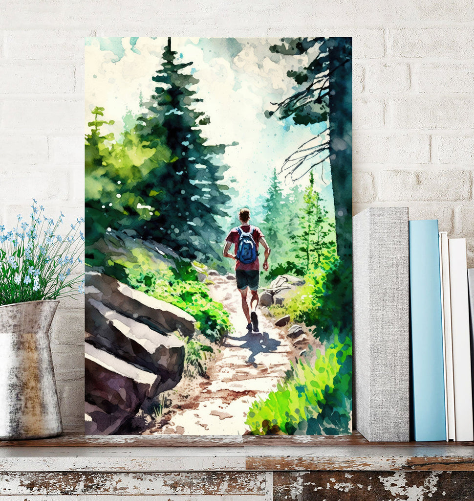 Hiking Forest Mountain Sunset Wall Art Watercolor Nature Inspired Backpacking Adventure Print Outdoorsy Gifts Wanderlust Decor