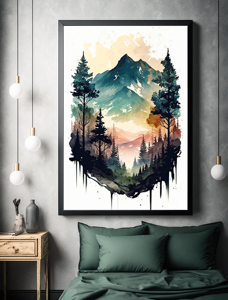 Forest Mountain Wall Art Landscape Cabin Decor Painting Watercolor Print Outdoorsy Gifts Nature Inspired Woodland Nursery Cottagecore Decor