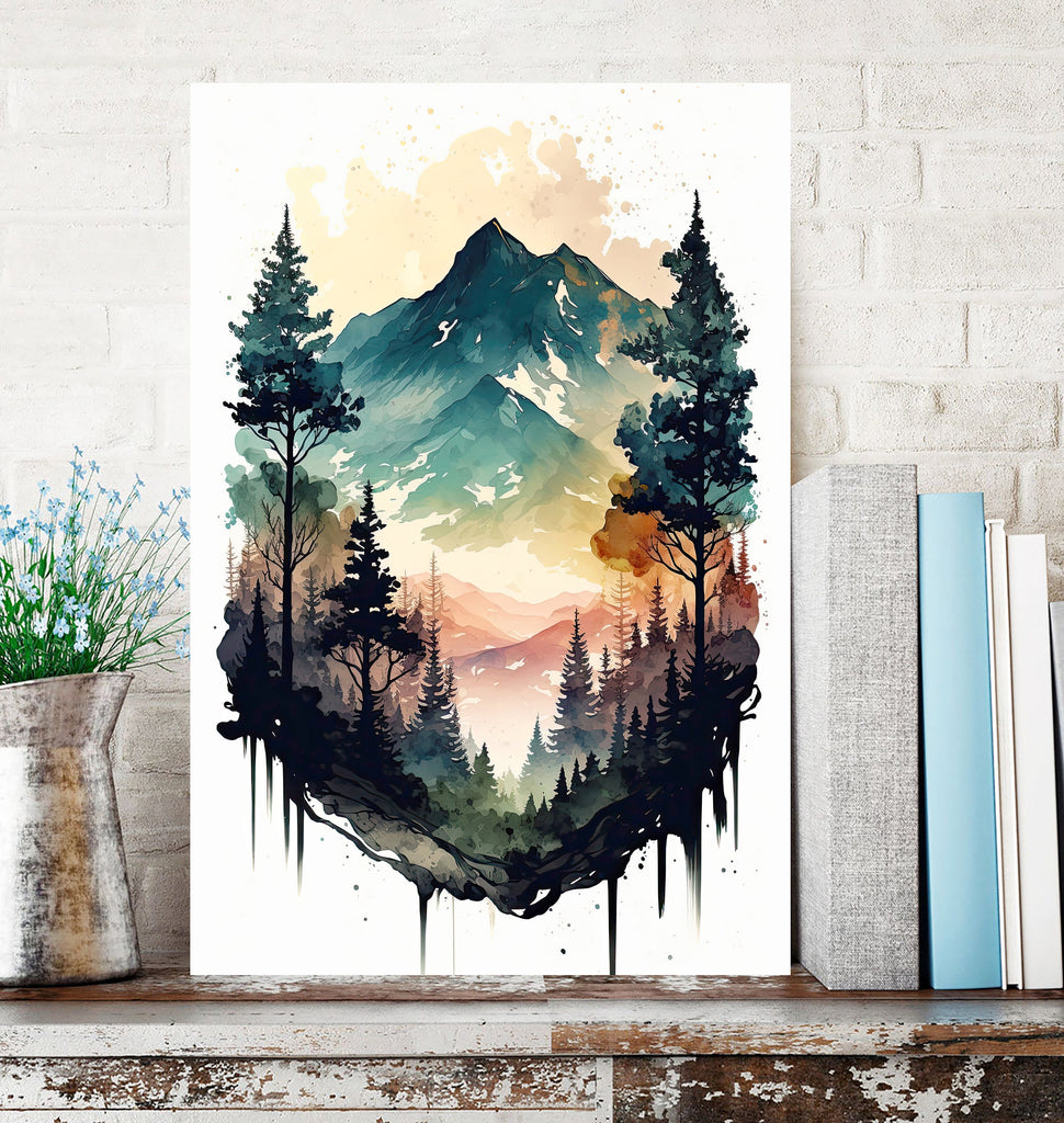 Forest Mountain Wall Art Landscape Cabin Decor Painting Watercolor Print Outdoorsy Gifts Nature Inspired Woodland Nursery Cottagecore Decor