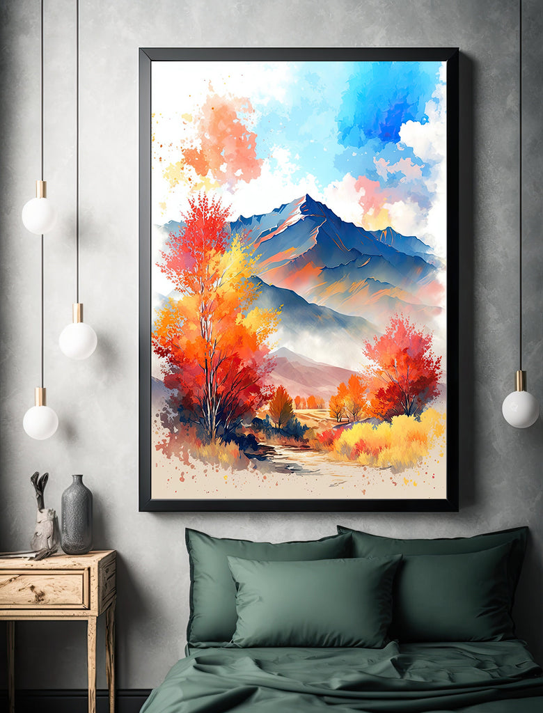 Autumn Forest Mountain Wall Art Cabin Decor Landscape Painting Fall Art Prints Outdoorsy Gifts Woodland Nursery Cottagecore Decor