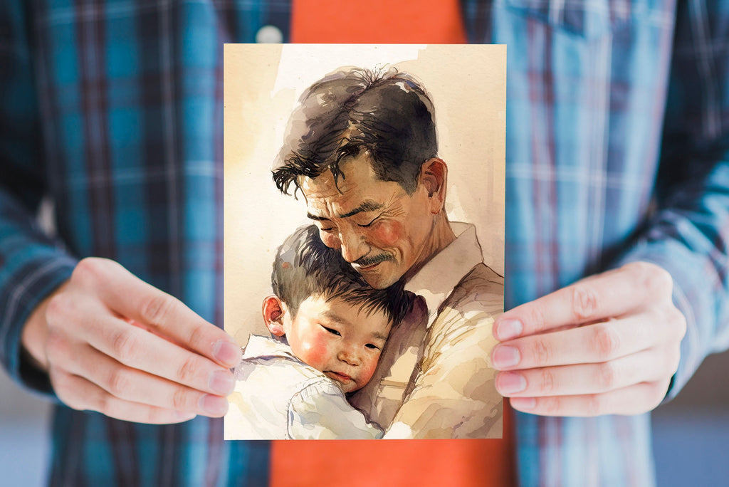 Asian American Fathers Day Card Watercolor Dad Gift For Him Daddy Father's Day Gift Greeting Card - 5x7 inches in Packs of 1, 10, 30, & 50