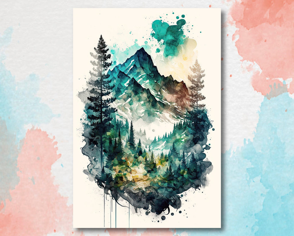 Forest Mountain Wall Art Landscape Cabin Decor Painting Watercolor Print Outdoorsy Gifts Nature Inspired Woodland Nursery Cottagecore Decor