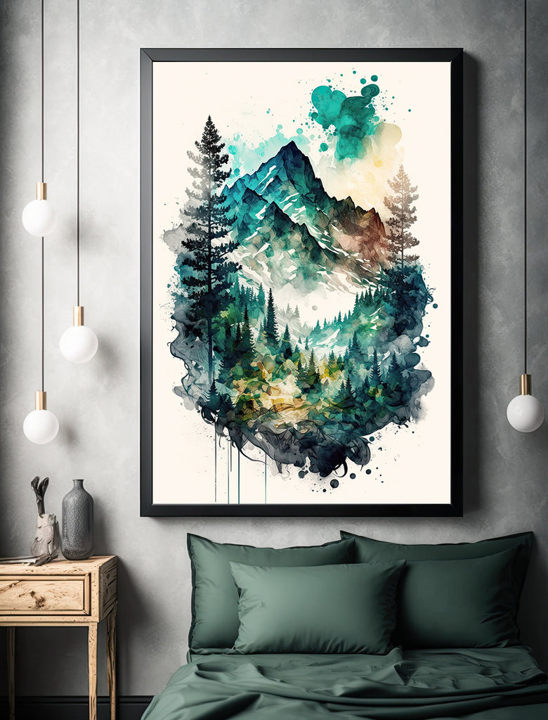 Forest Mountain Wall Art Landscape Cabin Decor Painting Watercolor Print Outdoorsy Gifts Nature Inspired Woodland Nursery Cottagecore Decor