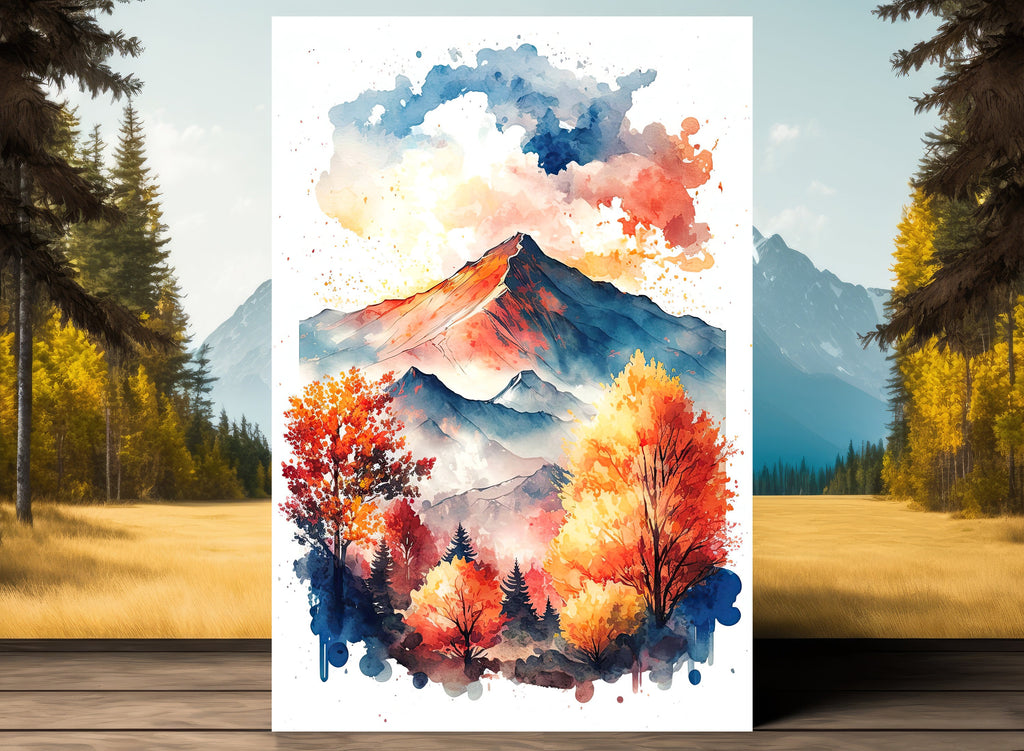 Autumn Forest Mountain Wall Art Cabin Decor Landscape Painting Fall Art Prints Outdoorsy Gifts Woodland Nursery Cottagecore Decor