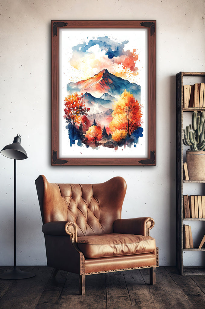 Autumn Forest Mountain Wall Art Cabin Decor Landscape Painting Fall Art Prints Outdoorsy Gifts Woodland Nursery Cottagecore Decor