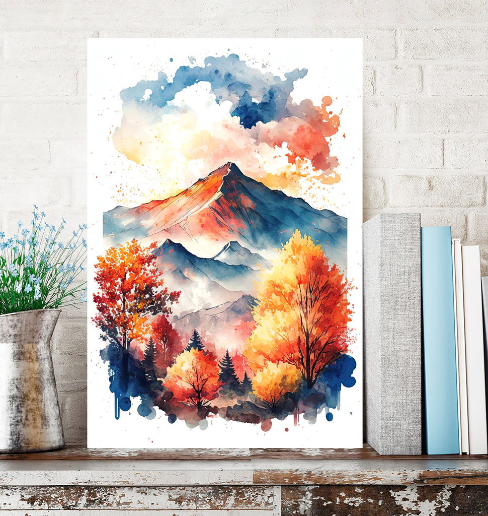 Autumn Forest Mountain Wall Art Cabin Decor Landscape Painting Fall Art Prints Outdoorsy Gifts Woodland Nursery Cottagecore Decor