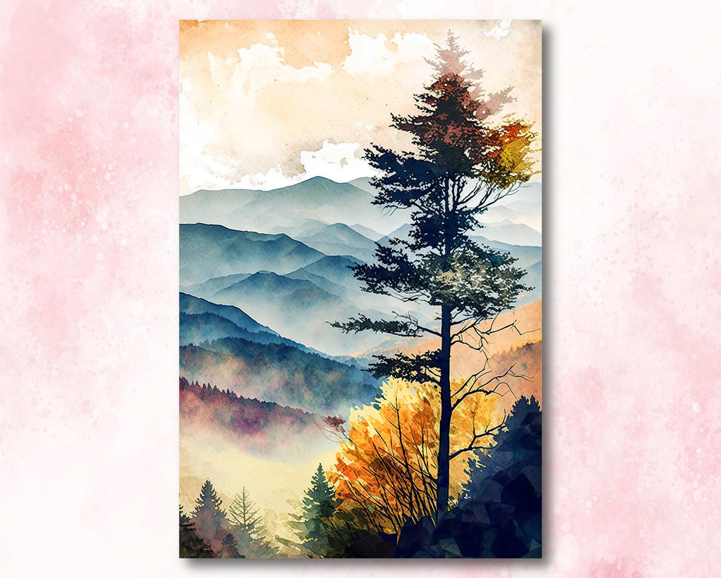 Autumn Forest Mountain Wall Art Cabin Decor Landscape Painting Fall Art Prints Outdoorsy Gifts Woodland Nursery Cottagecore Decor