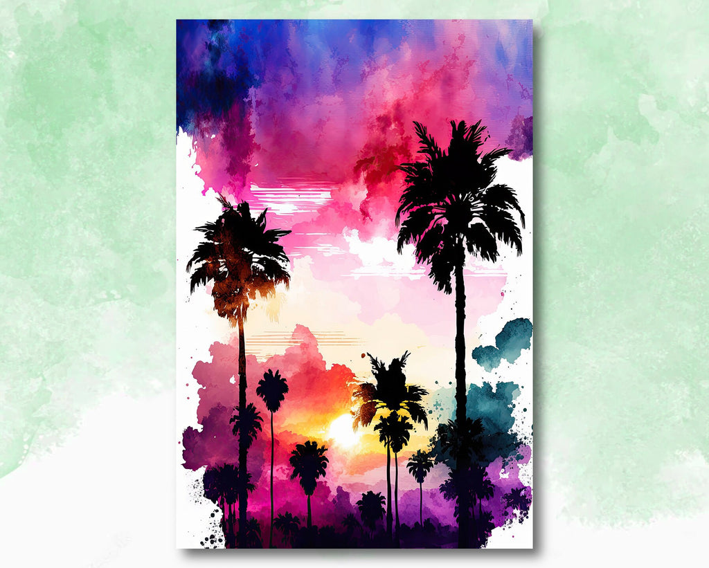 Palm Tree Sunset Art Print Watercolor Coastal Wall Art Nature Inspired Gift Tropical Beach House Home Decor