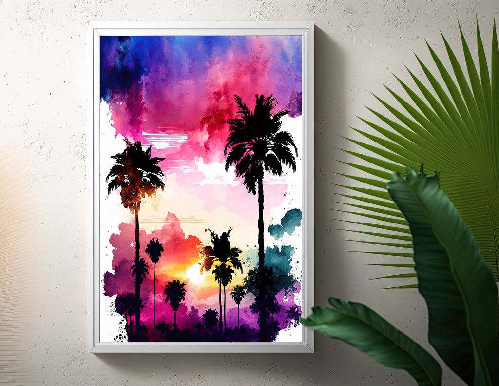 Palm Tree Sunset Art Print Watercolor Coastal Wall Art Nature Inspired Gift Tropical Beach House Home Decor