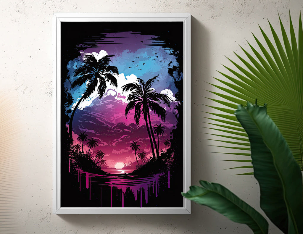 Palm Tree Sunset Art Print Watercolor Coastal Wall Art Nature Inspired Gift Tropical Beach House Home Decor