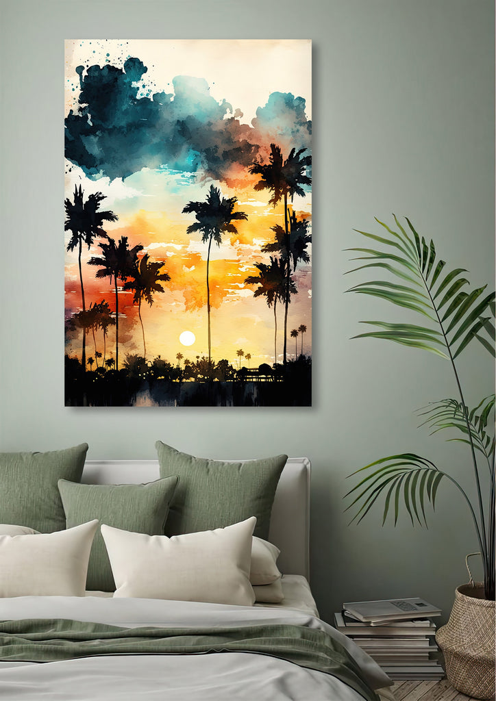 Palm Tree Sunset Art Print Watercolor Coastal Wall Art Nature Inspired Gift Tropical Beach House Home Decor