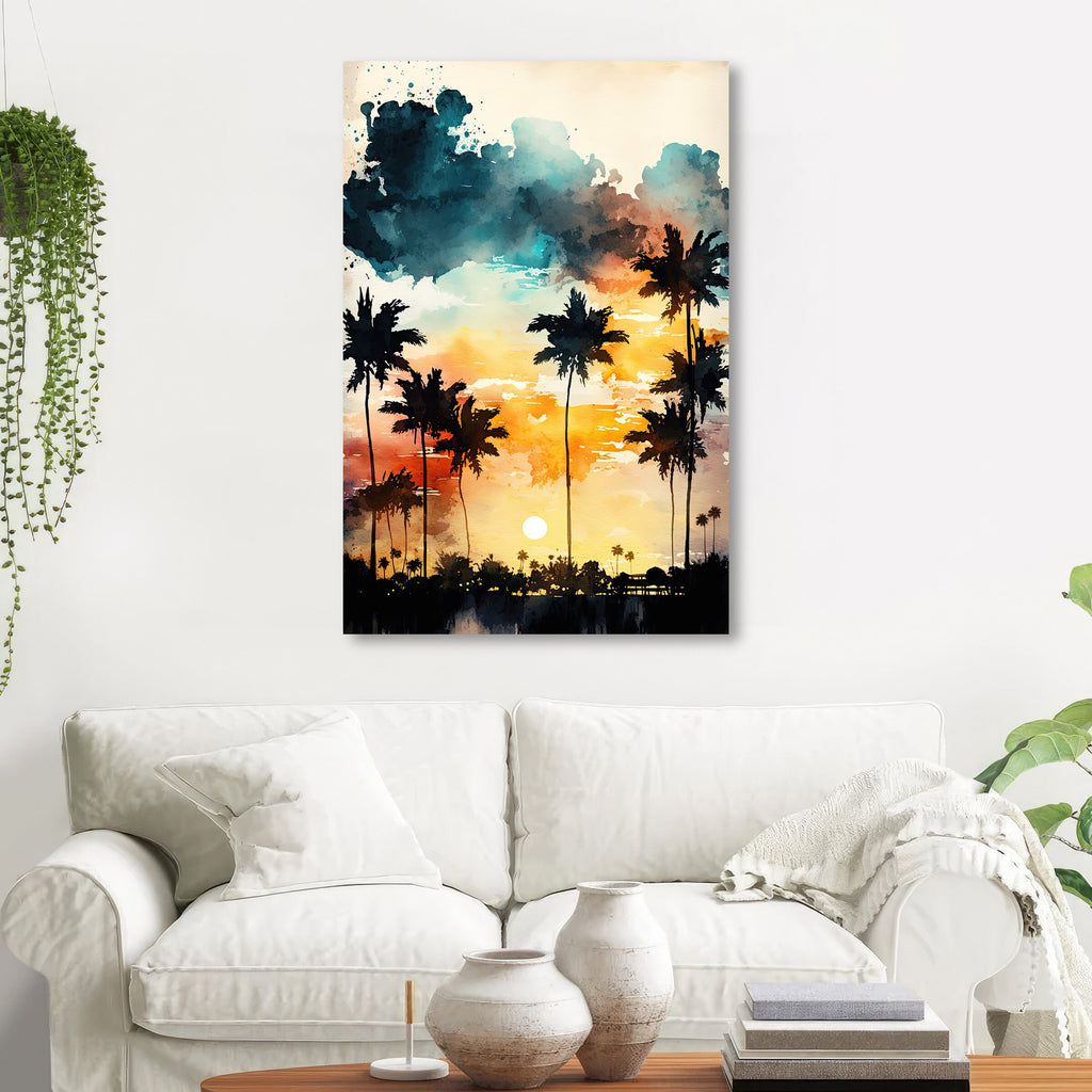 Palm Tree Sunset Art Print Watercolor Coastal Wall Art Nature Inspired Gift Tropical Beach House Home Decor