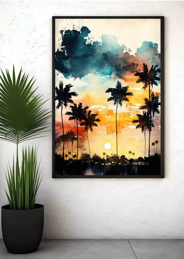 Palm Tree Sunset Art Print Watercolor Coastal Wall Art Nature Inspired Gift Tropical Beach House Home Decor