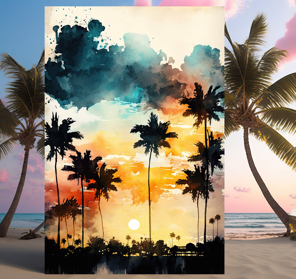 Palm Tree Sunset Art Print Watercolor Coastal Wall Art Nature Inspired Gift Tropical Beach House Home Decor