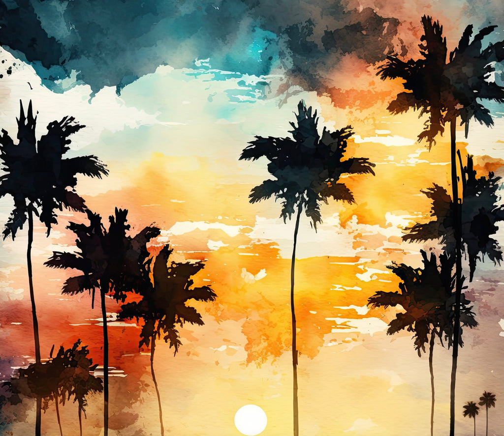 Palm Tree Sunset Art Print Watercolor Coastal Wall Art Nature Inspired Gift Tropical Beach House Home Decor