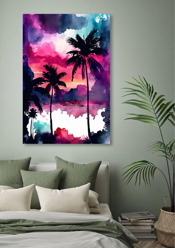 Palm Tree Sunset Art Print Watercolor Coastal Wall Art Nature Inspired Gift Tropical Beach House Home Decor