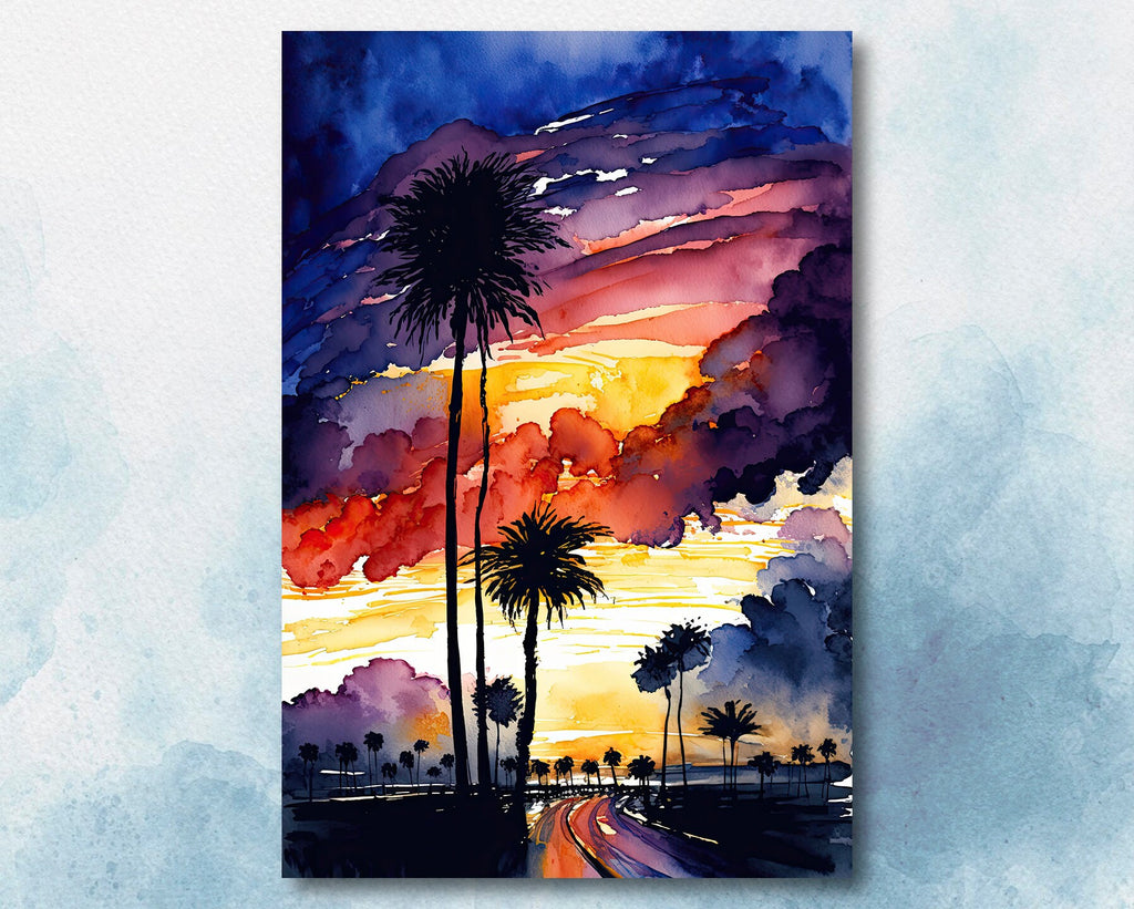 Palm Tree Sunset Art Print Watercolor Coastal Wall Art Nature Inspired Gift Tropical Beach House Home Decor