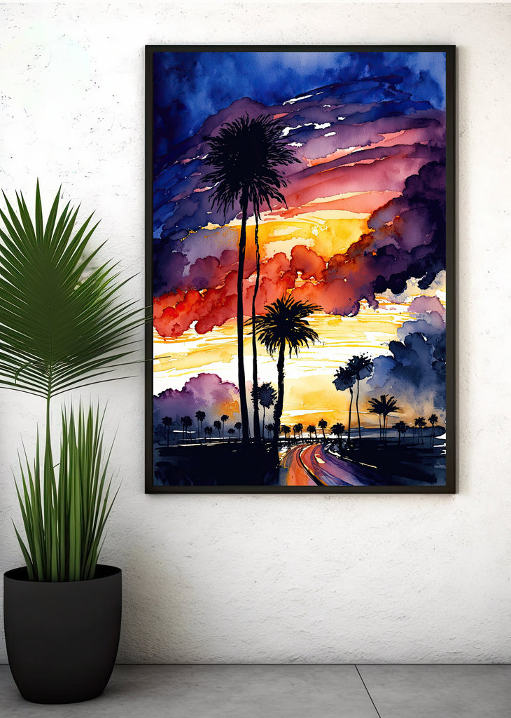 Palm Tree Sunset Art Print Watercolor Coastal Wall Art Nature Inspired Gift Tropical Beach House Home Decor