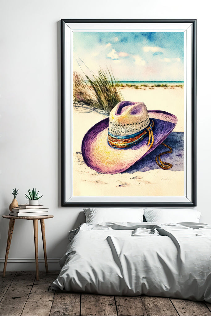 Coastal Cowgirl Hat Beach Art Print Boho Wall Decor Watercolor Painting Wall Art Gift Western Decor