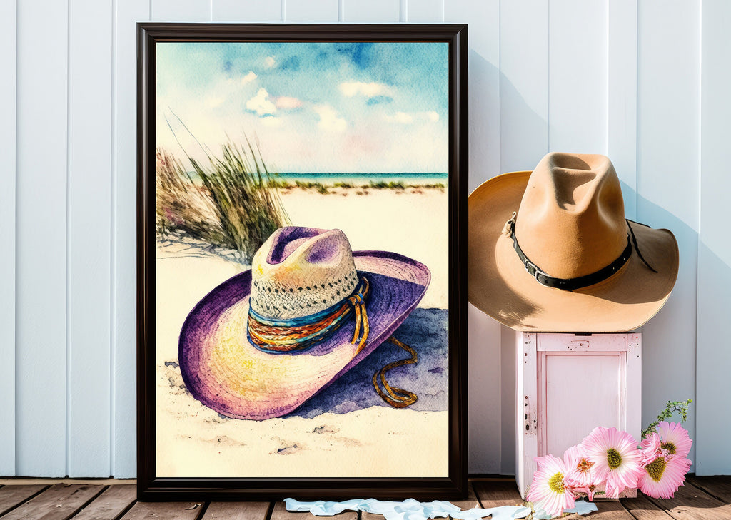 Coastal Cowgirl Hat Beach Art Print Boho Wall Decor Watercolor Painting Wall Art Gift Western Decor