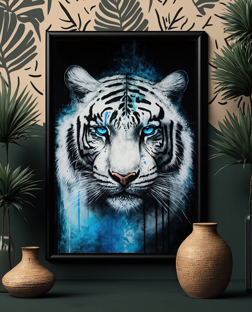 White Tiger Print Wild Cat Animal Wall Art Colorful Wildlife Safari Gift Animal Jungle Nursery Home Decor