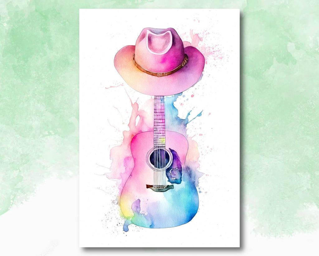 Coastal Cowgirl Hat and Acoustic Guitar Art Print Boho Wall Decor Music Gifts Watercolor Painting Wall Art Western Decor