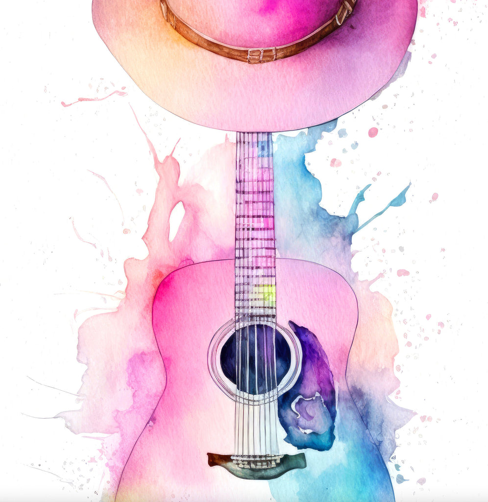 Coastal Cowgirl Hat and Acoustic Guitar Art Print Boho Wall Decor Music Gifts Watercolor Painting Wall Art Western Decor