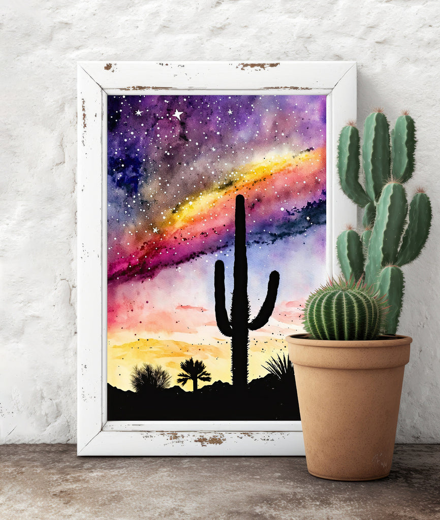 Desert Milky Way Art Print Watercolor Landscape Wall Art Southwest Gift Sonoran Cactus Beautiful Starry Night Western Decor