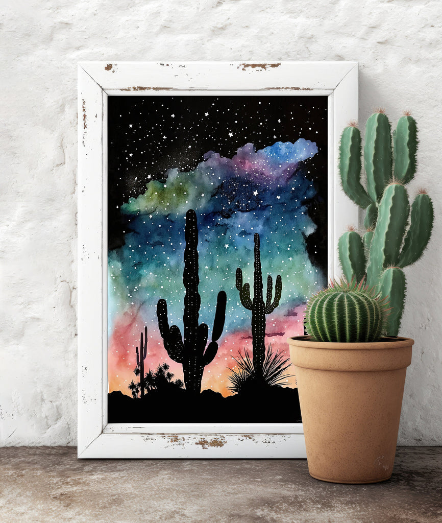 Desert Milky Way Art Print Watercolor Landscape Wall Art Southwest Gift Sonoran Cactus Beautiful Starry Night Western Decor