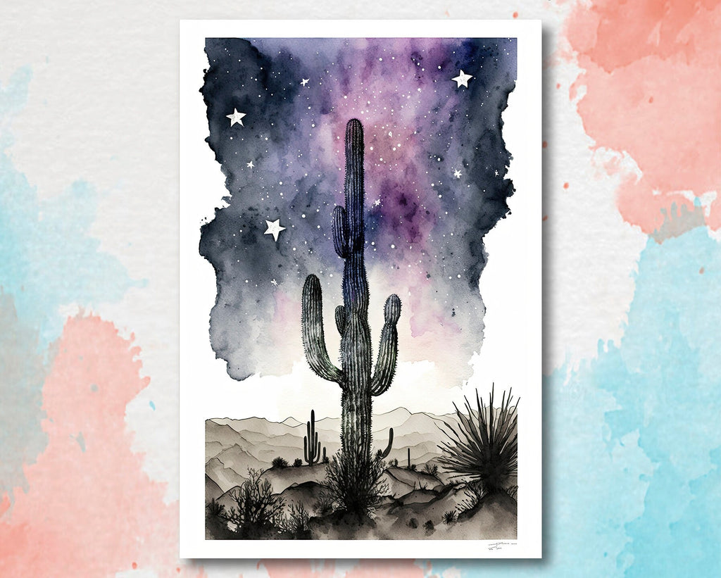 Desert Milky Way Art Print Watercolor Landscape Wall Art Southwest Gift Sonoran Cactus Beautiful Starry Night Western Decor