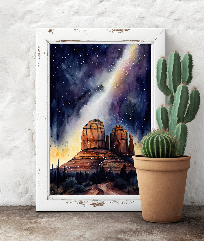 Watercolor Sedona Milky Way Sonoran Art Print Arizona Desert Wall Art Landscape Gift Starry Night Sky Southwestern Decor