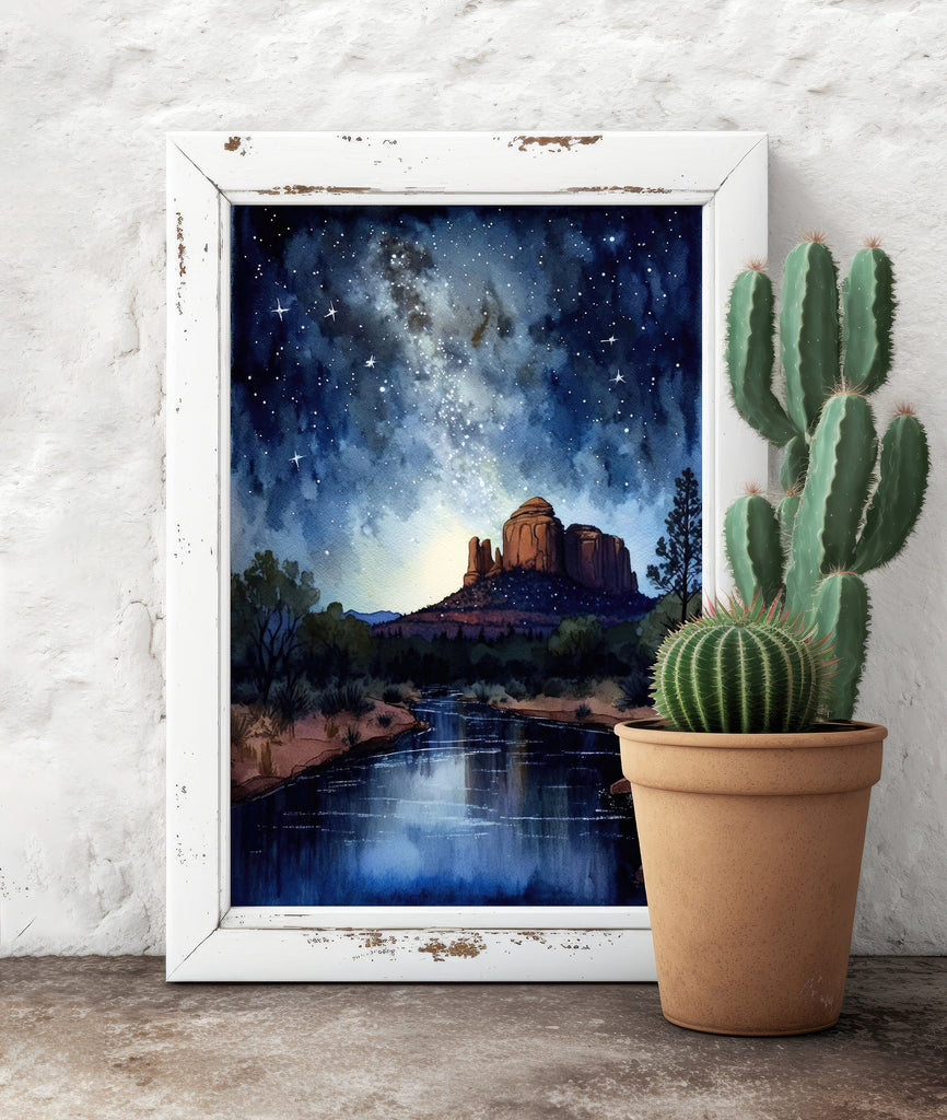 Watercolor Sedona Milky Way Sonoran Art Print Arizona Desert Wall Art Landscape Gift Starry Night Sky Southwestern Decor