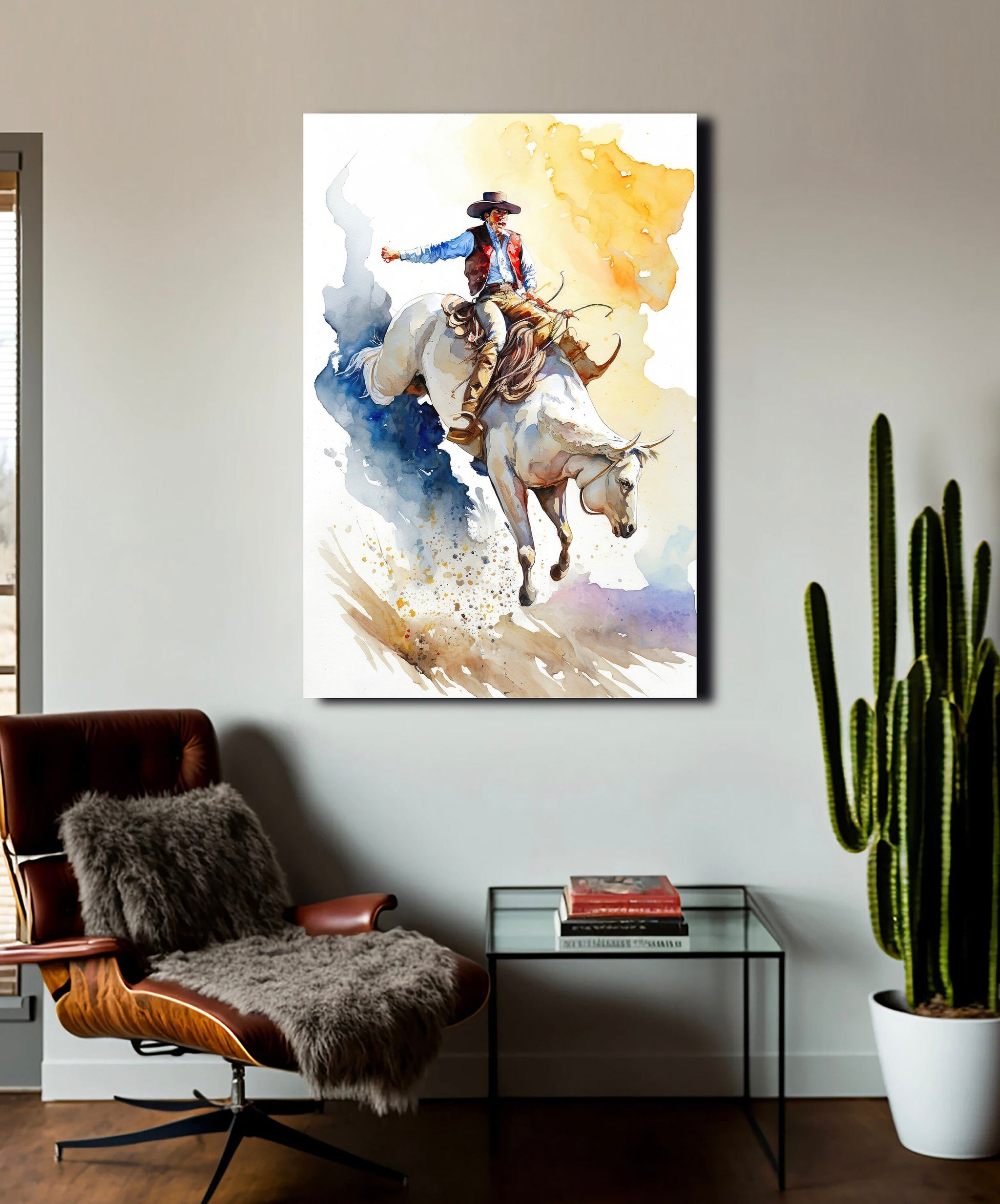 Rodeo original watercolor painting cowboy retailer wall art home décor, 14x11', unframed