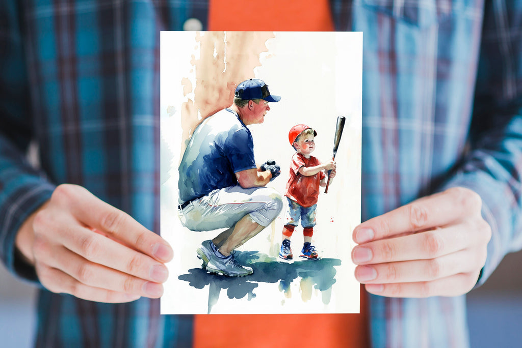 Watercolor Baseball Fathers Day Card Dad Gift For Him Daddy Father's Day Gift Sports Greeting Card - 5x7 inches in Packs of 1, 10, 30, & 50