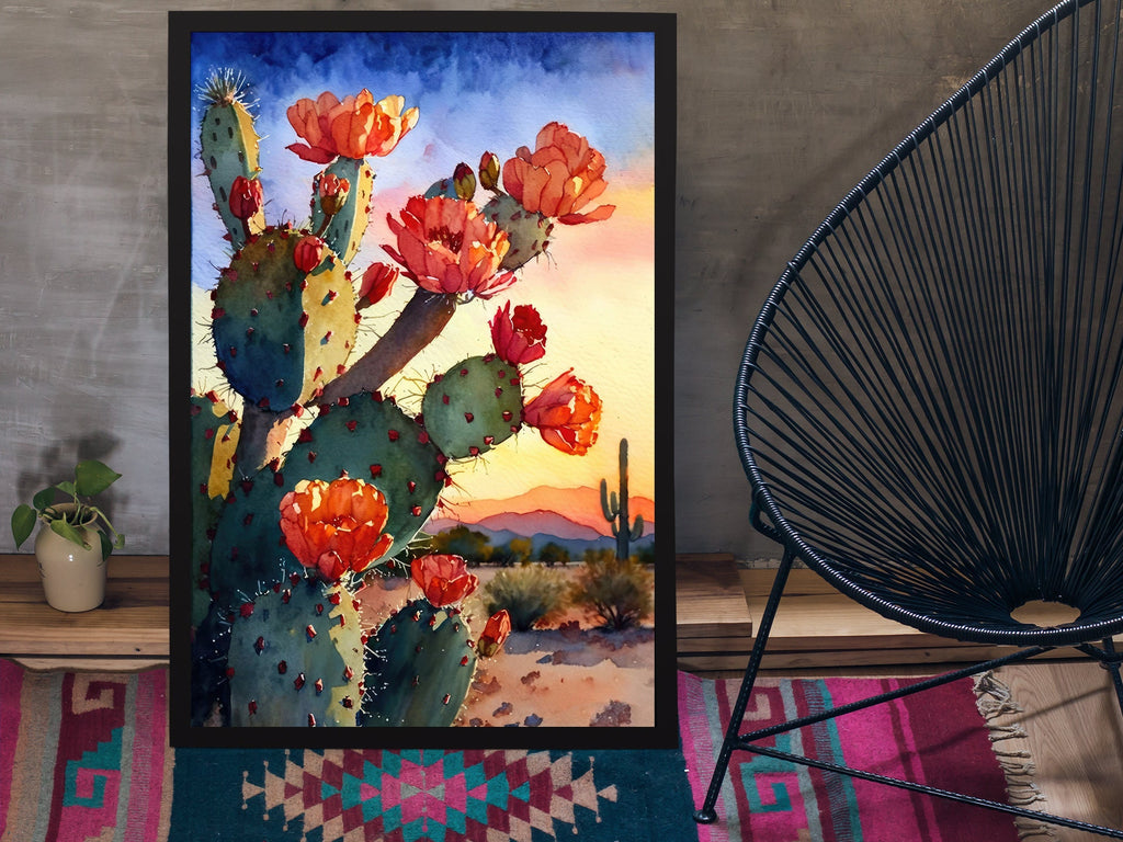 Flower Prickly Pear Cactus Sunset Art Print Watercolor Botanical Desert Wall Art Nature Inspired Sonoran Art Southwest Western Decor