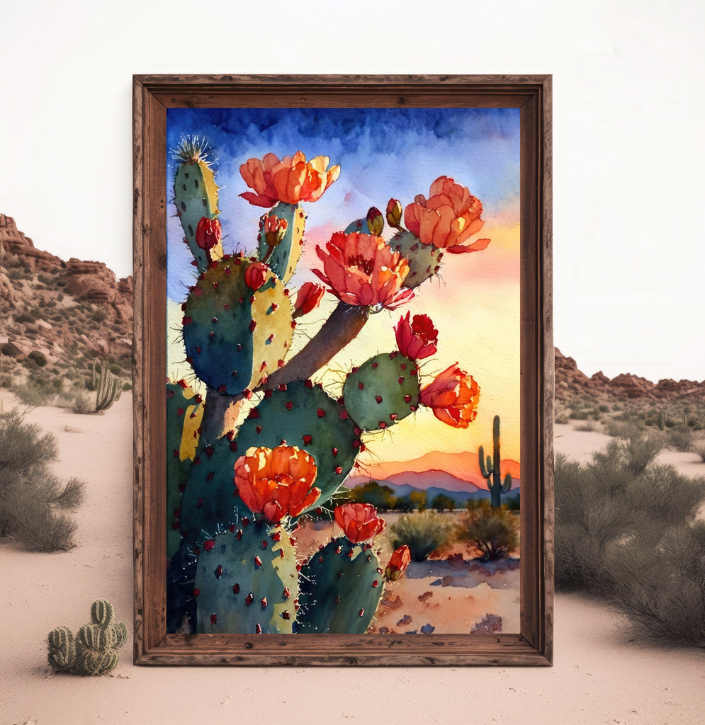 Flower Prickly Pear Cactus Sunset Art Print Watercolor Botanical Desert Wall Art Nature Inspired Sonoran Art Southwest Western Decor